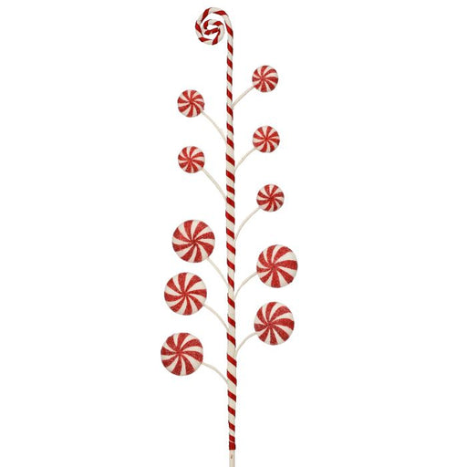 The 25 Red and White Sugar and Spice Peppermint Spray (MTX75016) features a striped candy cane with peppermint candy circles branching along its length, perfect for decorative displays against a white background.