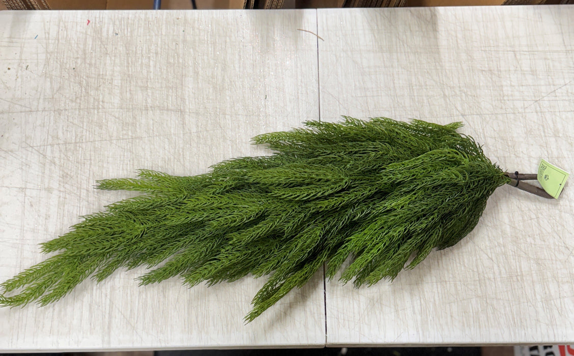A 36" Real Touch Forest Pine Teardrop (MTX75587) with long, green, feathery foliage rests on a white scratched tabletop. A price tag labeled $6 is attached to its stems.