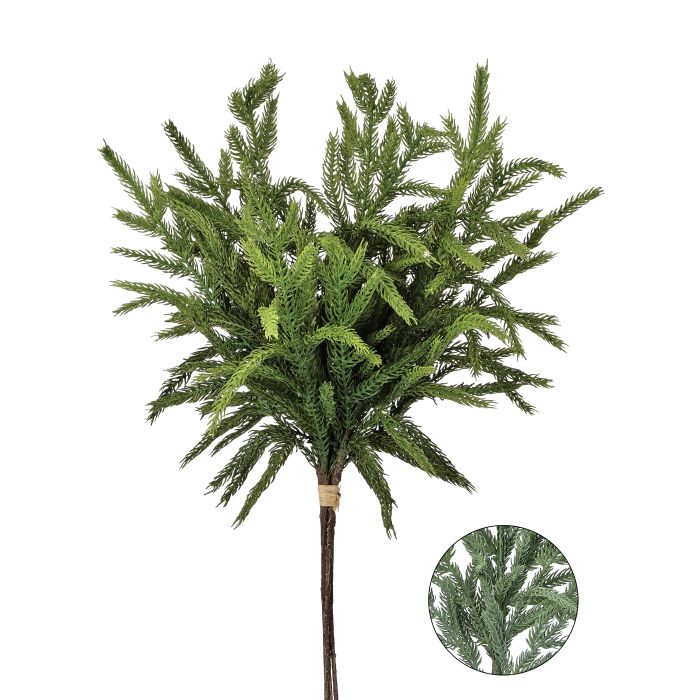 The 17" Real Touch Norfolk Pine Bundle MTX75601SGGR features dense green needle-like leaves with a tan band at the base; an inset shows the detailed, realistic Real Touch foliage texture.