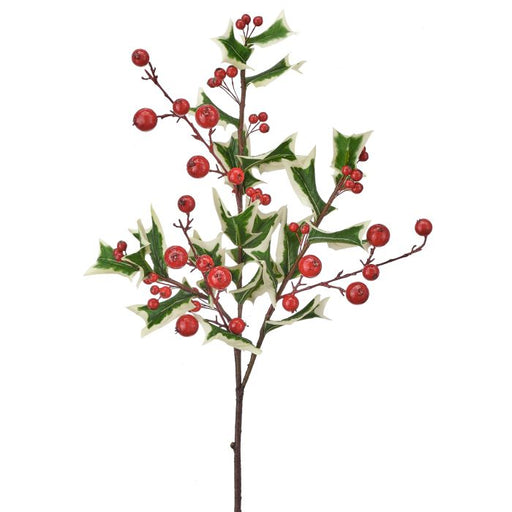 The 31" Green and Red Pacific Northwest Holly with Berries Spray MTX76027 features spiky-edged green leaves and clusters of bright red berries on brown stems, isolated against a white background.