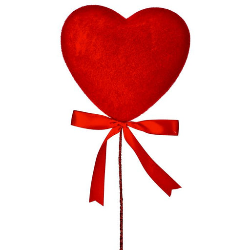 The 18 Red Flocked Solid Heart Pick (MTX77056R) features a bright red plush heart on a stick, adorned with a matching red ribbon bow, displayed against a plain white background.