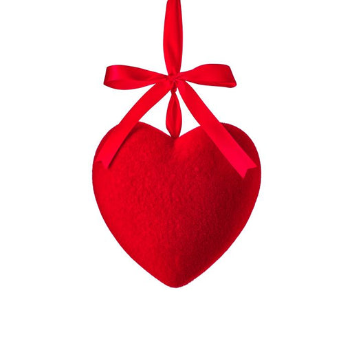 The 9 Red Flocked Heart Hanging Ornament (MTX77058R) features a plush heart suspended from a bright red ribbon tied in a bow, displayed against a simple white background.