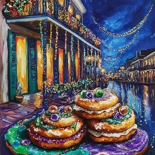 Colorful painting of a New Orleans street at night features Mardi Gras beads, festive lights, and a 10 x 10 Mardi Gras Festival Sign TTE-148, with three king cakes topped with purple, green, and gold sugar in the foreground.