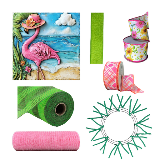 The McKenzie Cole Summer Flamingo Wreath Kit 05052025 includes a flamingo beach sign, green patterned ribbon, floral ribbon, pink plaid ribbon, green mesh roll, pink mesh roll, and a green wired wreath frame—perfect for crafting a stunning wreath.