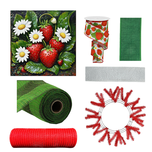 A collection of strawberry-themed craft supplies, featuring the McKenzie Cole Strawberry Wreath Kit 042325 with strawberry and daisy designs, Strawberry Ribbon, green/red mesh rolls like Red Breeze Mesh, white ribbon, and a red wire wreath frame.