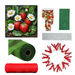A collection of strawberry-themed craft supplies, featuring the McKenzie Cole Strawberry Wreath Kit 042325 with strawberry and daisy designs, Strawberry Ribbon, green/red mesh rolls like Red Breeze Mesh, white ribbon, and a red wire wreath frame.