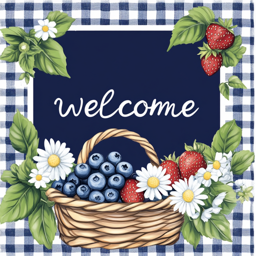 The 10 x 10 Navy Gingham Welcome Fruits Sign TTE-258 displays a woven basket filled with blueberries, strawberries, and daisies on a blue and white gingham background. Surrounded by green leaves, welcome is elegantly scripted above on a dark blue metal sign.