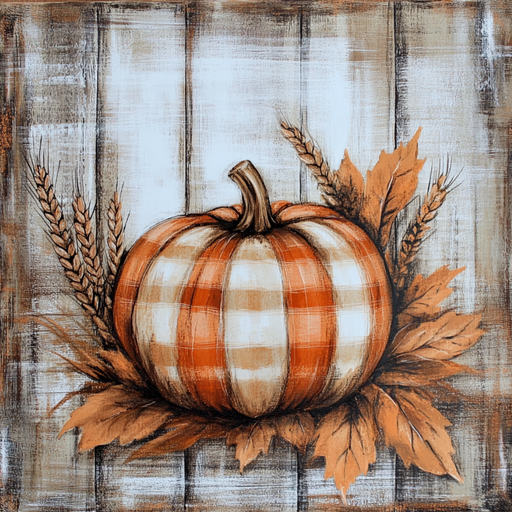 The 10 x 10 Orange Plaid Pumpkin Sign (TTE-277) displays a pumpkin with an orange and white plaid design among leaves and wheat on a rustic wood-look backdrop—a charming metal sign for fall decor.