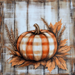 The 10 x 10 Orange Plaid Pumpkin Sign (TTE-277) displays a pumpkin with an orange and white plaid design among leaves and wheat on a rustic wood-look backdrop—a charming metal sign for fall decor.