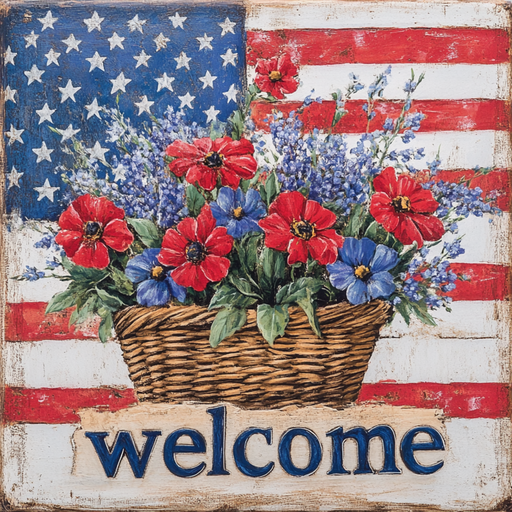 Set against an American flag backdrop, the 10 x 10 Patriotic Welcome Floral Basket Sign TTE-265, brimming with red and blue flowers and green leaves, warmly announces a patriotic greeting. The word welcome appears in bold blue letters beneath the vibrant display, conveying heartfelt hospitality.