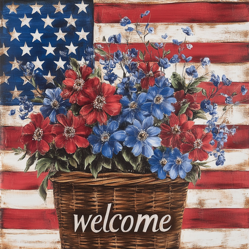 The 10 x 10 Patriotic Welcome Basket Sign TTE-257 features welcome elegantly on a metal sign, filled with vibrant red, white, and blue flowers. An American flag backdrop proudly displays its stars and stripes.