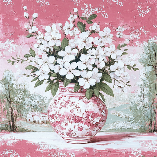 A painted image of a white flower bouquet in a detailed vase graces this 10 x 10 Pink Chinoiserie Vase Sign TTE-229. The background reveals a pastoral scene with trees and a rustic house, all in pink and white hues for a vintage floral feel.
