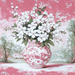 A painted image of a white flower bouquet in a detailed vase graces this 10 x 10 Pink Chinoiserie Vase Sign TTE-229. The background reveals a pastoral scene with trees and a rustic house, all in pink and white hues for a vintage floral feel.