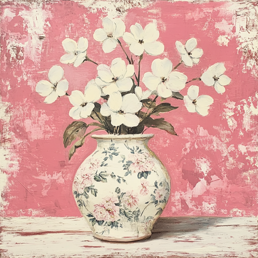 The 10 x 10 Pink Floral Vase & Orchids Sign TTE-234 showcases delicate white orchids with green leaves in a decorative pink floral vase, set against a textured pink background and adorned with small pink and blue floral patterns.
