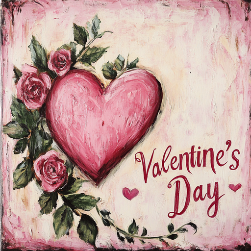 The 10 x 10 Pink Valentines Day Sign TTE-120 features a pink heart with roses and green leaves on a textured background. Valentines Day is scripted in red cursive, adding charm to this alluring scene.