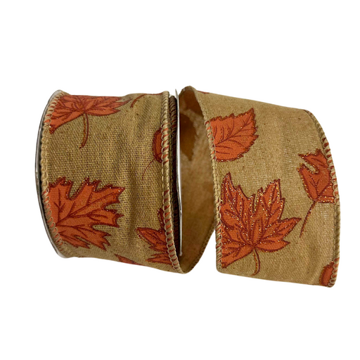 Two rolls of 2.5 Burlap with Fall Leaves Ribbon R32911 showcase vibrant fall leaves with glitter accents, featuring artfully sewn zigzag edges on a plain white background.