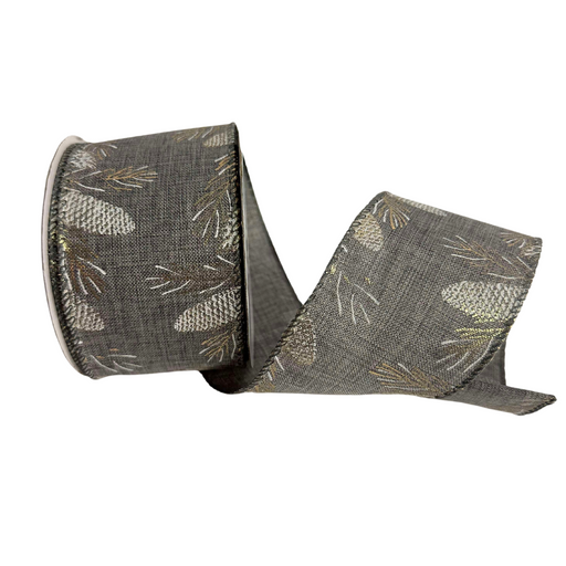A partially unwound 2.5 gray burlap ribbon, product R32927, showcases its elegant design with golden pinecones and pine needle patterns.