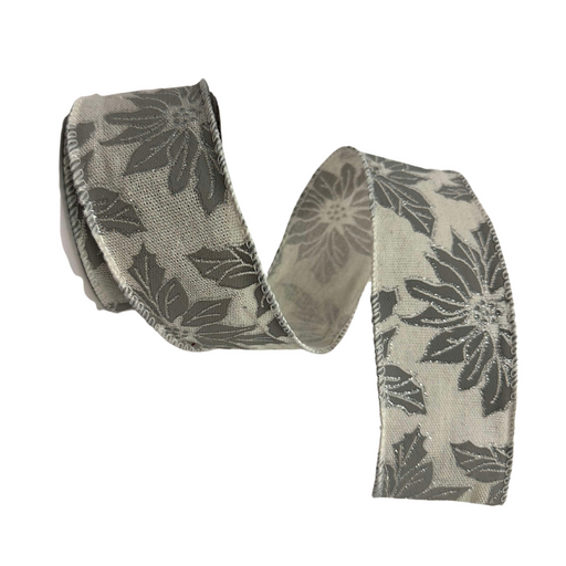 A roll of 2.5" Gray Burlap with Gray Poinsettia Wired Ribbon R32934, featuring a gray floral and poinsettia pattern with leaves. The wired ribbon is partially unrolled and curled slightly to highlight its textured design.