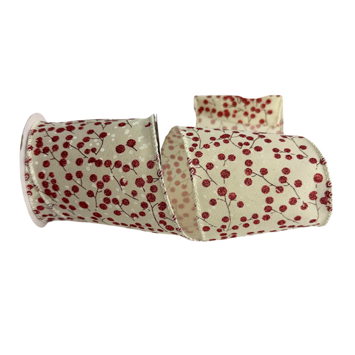 The partially unraveled 4 Cream Burlap with Red Berries Ribbon R32965 beautifully showcases its design, with a cream-colored base and red dots connected by thin lines resembling charming berries on branches.