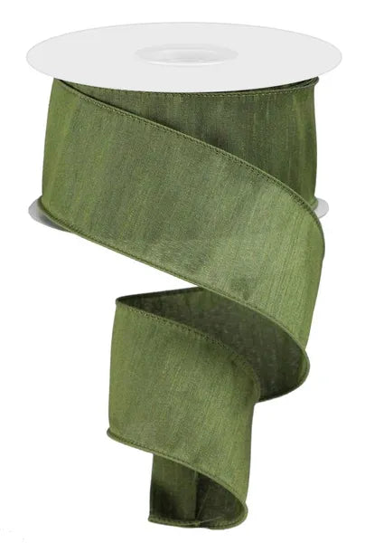 A spool of Moss Green Faux Dupioni Ribbon 2.5 Inches by 10 Yards (RD110558) with a satin finish is partially unrolled in a loose spiral against a white background.