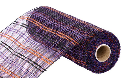 A partially unrolled 10X10Yd Black Orange and Purple Vertical Foil Plaid Mesh (RE1368F2) shows its grid-like pattern and textured surface against a white background.