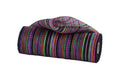 A roll of 10X10Yd Orange, Purple, Lime, Hot Pink, and Black Vertical Multi Color Stripe Mesh (RE1369YM), partially unrolled and set against a white background.