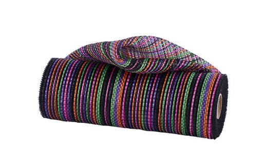 A roll of 10X10Yd Orange, Purple, Lime, Hot Pink, and Black Vertical Multi Color Stripe Mesh (RE1369YM), partially unrolled and set against a white background.