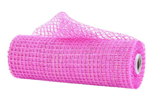 A 10X10Yd Hot Pink Red and Gold Metallic Poly Mesh (RE890511), partially unrolled, is displayed on a white background. The cylindrical mesh features a grid-like pattern.