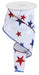 The 2.5X10YD White Red Navy Dashed Glitter Star On Royal Ribbon (RG0165827) features a dazzling pattern of glittering red and blue stars on a wired white ribbon, embodying festive elegance.