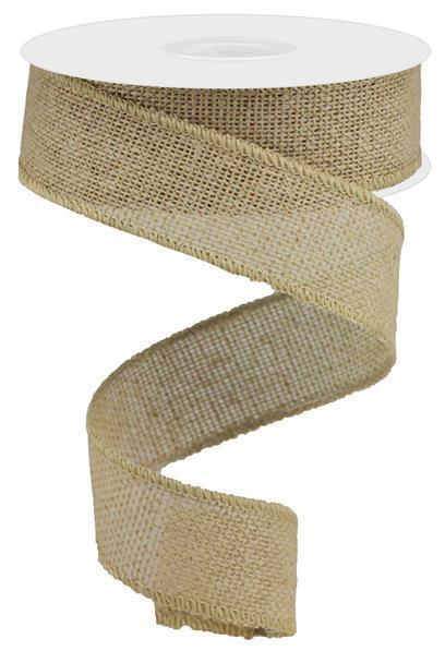 The 1.5 x 10YD Natural Faux Burlap Ribbon RG01895 features a coarse woven texture and light tan color, making it ideal for rustic crafts and décor.