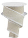 The 2.5 x 10 YD Off White Faux Burlap With Snowdrift Ribbon (RG08190) is shown partially unrolled, its soft snowdrift edges spiraled elegantly against a white background.