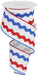 The 2.5X10YD White Red Blue Ricrac Ribbon RG2003A1 features a wavy red and blue pattern on a white background, with its wired spirals beautifully highlighting the vibrant colors.