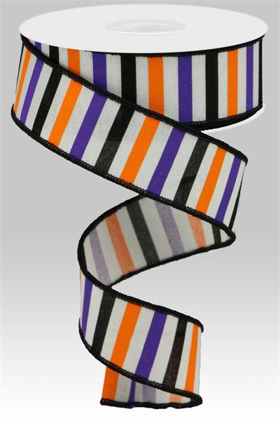 A spool of 1.5X10Yd White Orange Purple and Black Horizontal Stripe Royal Ribbon (RGA121327) unspools in a loose spiral against a plain background.