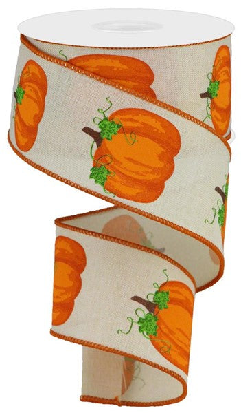 A 2.5x10yd Royal Ribbon in cream, orange, brown, and moss with pumpkins and leaves design. Product: RGA147164.