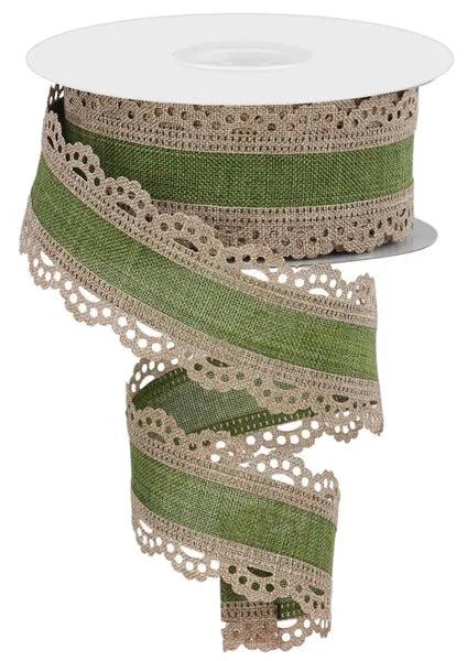 A partially unrolled spool of 1.5x10yd Light Beige Moss Lace Edge Royal Burlap Ribbon RGA15414M is artfully displayed in a loose spiral, highlighting the delicate lace trim along both sides.