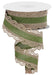 A partially unrolled spool of 1.5x10yd Light Beige Moss Lace Edge Royal Burlap Ribbon RGA15414M is artfully displayed in a loose spiral, highlighting the delicate lace trim along both sides.