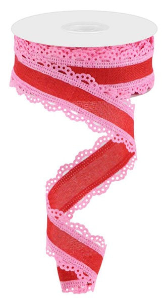A spool of 1.5X10Yd Light Pink Red Lace Edge Royal Burlap Ribbon (RGA15418F) is partially unrolled, showing its wide red center and light pink lace-edged design in a spiral shape.