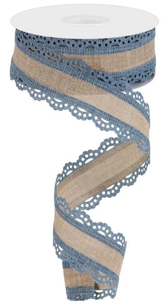 A 1.5 x 10 yd spool of Royal Burlap Ribbon in Faded Denim with a light beige lace edge, unrolling in a loose spiral. Product: RGA1541NT.