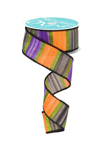 A partially unwound spool of 1.5X10Yd Purple Black Orange and Lime Watercolor Stripes Ribbon (RGA1919CN) with wide glitter stripes curls downward against a white background.