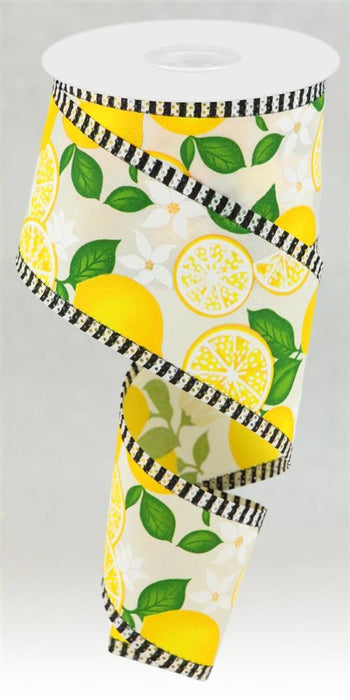 2.5"X10Yd Lemon W/Leaves/Flowers/Stripe Cream Yellow And Green RGA8215C2