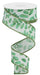 A spool of 1.5x10yd White Blue Green Dk Green and Sage Bold Leaves on Royal Ribbon (RGC119727) is unspooled in a loose spiral, showcasing its nature-inspired leaf pattern and elegant thin green edges.