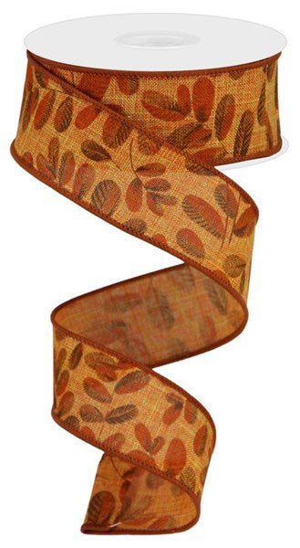 A spool of 1.5X10Yd Talisman Light Beige Royal Ribbon (RGC11975T) displays bold dark brown and orange leaves. The burlap-textured ribbon is partially unrolled in a loose spiral, with autumn-inspired colors.