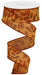 A spool of 1.5X10Yd Talisman Light Beige Royal Ribbon (RGC11975T) displays bold dark brown and orange leaves. The burlap-textured ribbon is partially unrolled in a loose spiral, with autumn-inspired colors.