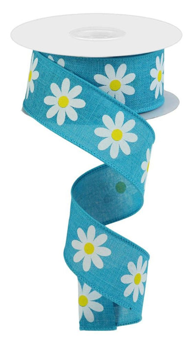 1.5"X10Yd Daisy On Royal Turquoise White And Yellow RGC1308A2