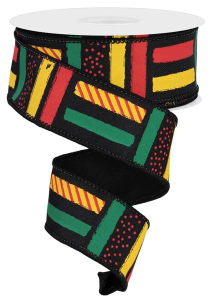 The 1.5 X 10Yd Black/Yellow/Green/Red Brush Stroke Stripes (RGC13149R) ribbon features a vibrant geometric pattern with brush stroke stripes in red, yellow, and green on a bold black background, creatively blending rectangles and dots for an eye-catching effect.