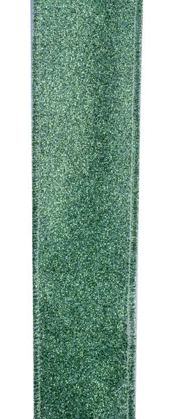 A close-up of the 1.5X10YD Sage Green Shimmer Glitter Ribbon RGC1596H2 with stitched edges, displayed vertically on a white background. This ribbon adds sparkling elegance to any project.