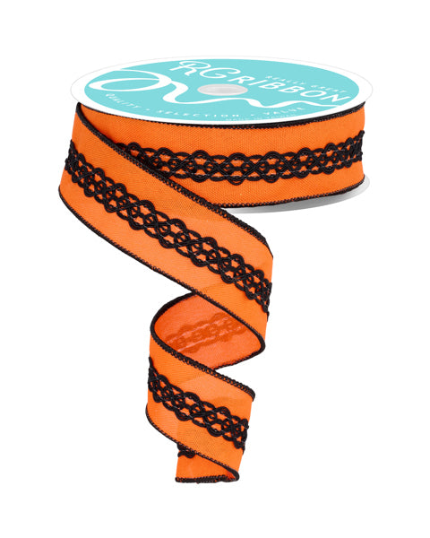 A partially unwound spool of 1.5X10Yd Orange and Black 2-In-1 Faux Royal with Lace Ribbon RGC811220, featuring bright orange fabric and black lace trim, displayed in a spiral against a white background.