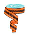A partially unwound spool of 1.5X10Yd Orange and Black 2-In-1 Faux Royal with Lace Ribbon RGC811220, featuring bright orange fabric and black lace trim, displayed in a spiral against a white background.