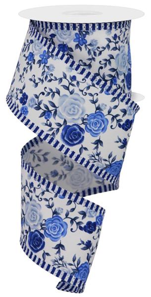 The 2.5X10Yd Multi Blues Mini Roses with Stripes Ribbon (RGC813325) features blue and white stripes, mini blue roses, leaves, and elegant blue-striped edges—perfect for decorative projects.