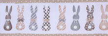 The 2.5X10YD White Multi Brown Grey Bunny Silhouettes/Swiss Dots Ribbon (RGC827127) features eight unique bunny designs in gray, beige, and light brown with striped, polka-dot, and gingham patterns. Each has a Wired Swiss Dots Ribbon bow on a white background.